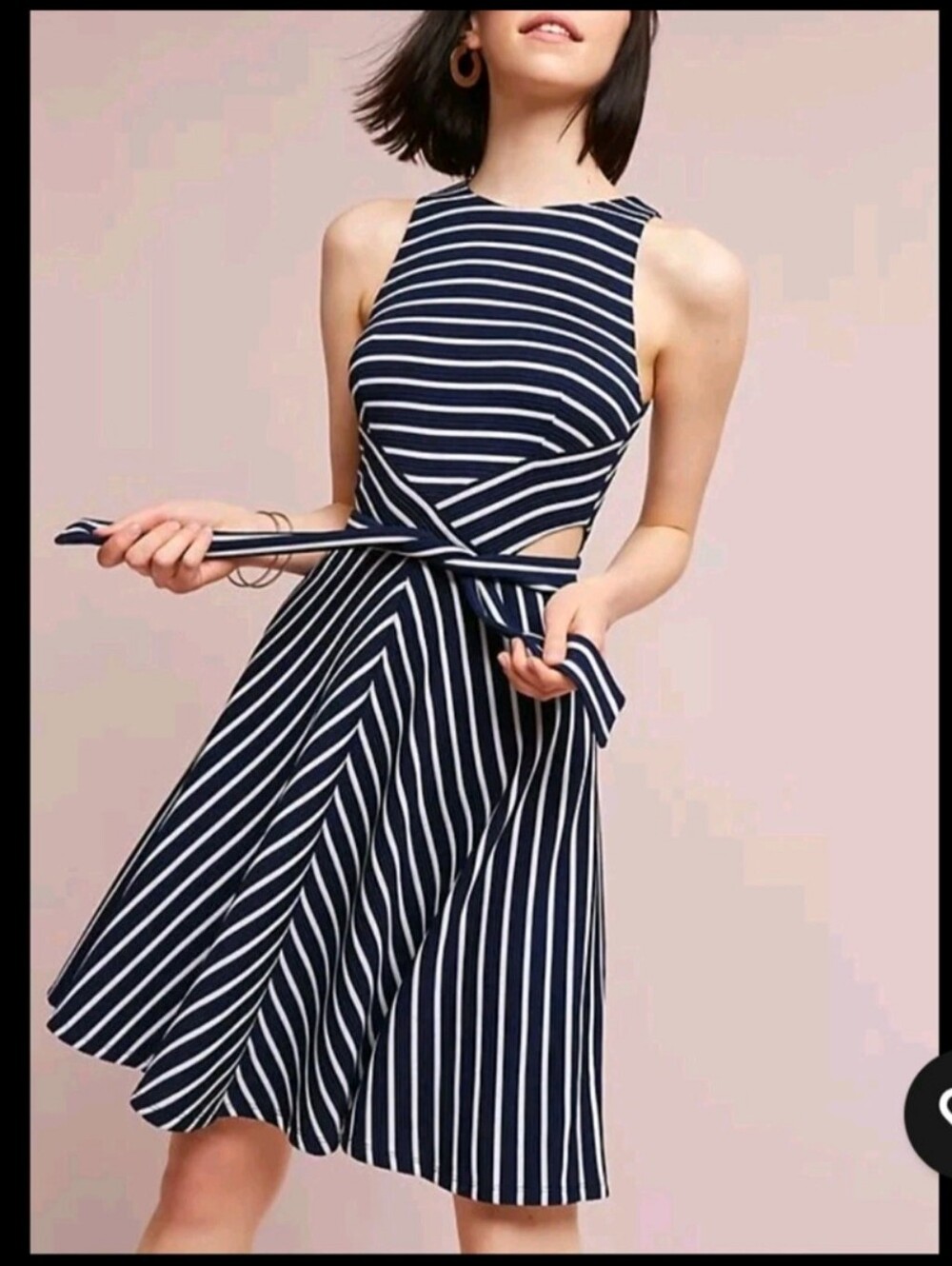 XS Kinsley Navy & White Striped Cutout Sleeveless Fit-and-Flare Dress